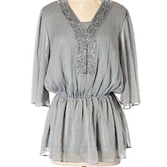 Badgley Mischka Flowy Silver Peplum Top Beaded Neckline 3/4 Sleeve ( SMALL ) NWT - Picture 1 of 8